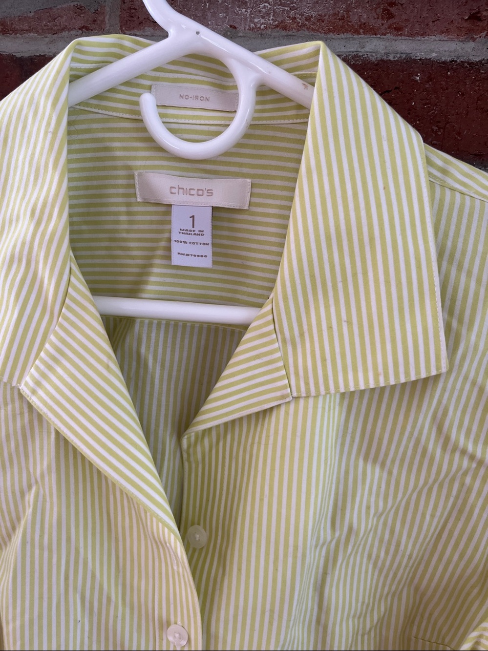 CHICOS No Iron White & Lime Green Stretch Striped Button Up Shirt 8 NWOT - Picture 7 of 11